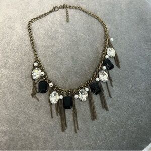 black oval clear rhinestone brass tone long dangling chain faux pearl necklace